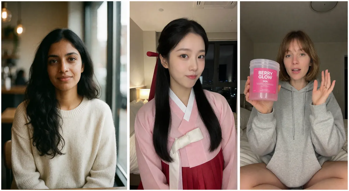 Three fictional characters made with the same prompt formula side by side: Aanya in a cafe, Seo-yeon in a hanbok, and Mia in a grey hoodie holding a pink tub