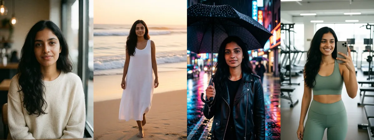 The fictional character Aanya in four scenes made from one base image: cafe, beach, rainy city and gym
