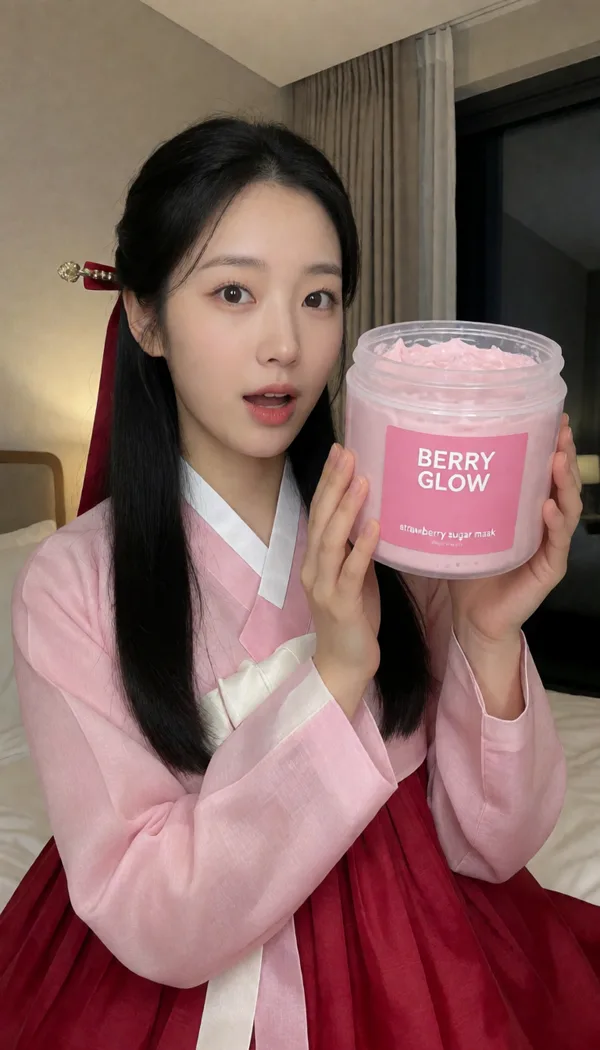 A fictional character holding an invented product, BERRY GLOW, made with the character creator workflow