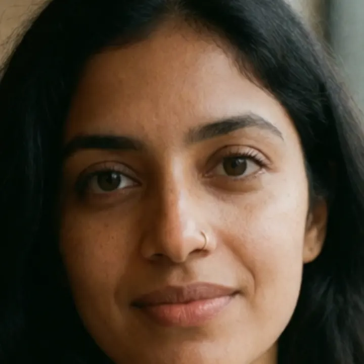 Close crop of the Krea 2 Turbo portrait showing natural skin texture with visible pores, slight unevenness under the eyes and a small gold nose piercing