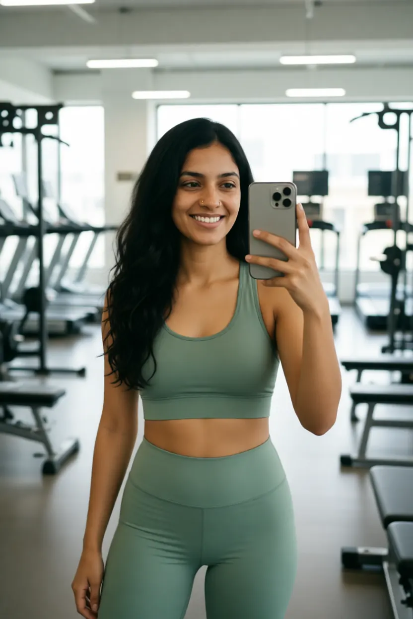 The same fictional character Aanya taking a mirror selfie in a modern gym, wearing a sage green sports bra and matching leggings