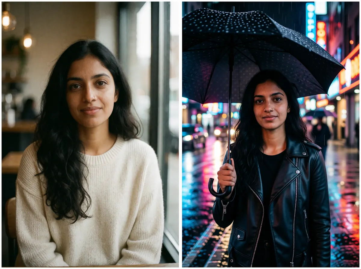 Before and after: the fictional character Aanya in a cream sweater at a cafe on the left, and the same face in a black leather jacket holding an umbrella on a rainy neon street on the right