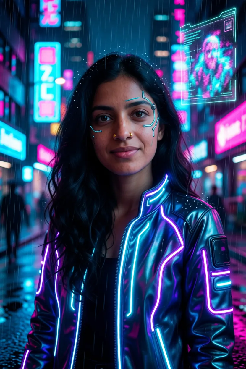 The fictional character Aanya as a cyberpunk character in a glowing neon jacket with subtle circuit lines on her face, standing in a rainy neon city at night