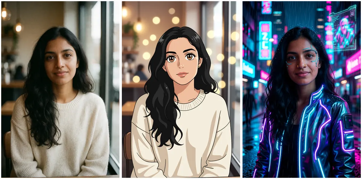 The fictional character Aanya shown three ways: the realistic base photo in a cafe, a 2D anime version in the same cafe and sweater, and a cyberpunk version on a neon street with a glowing jacket