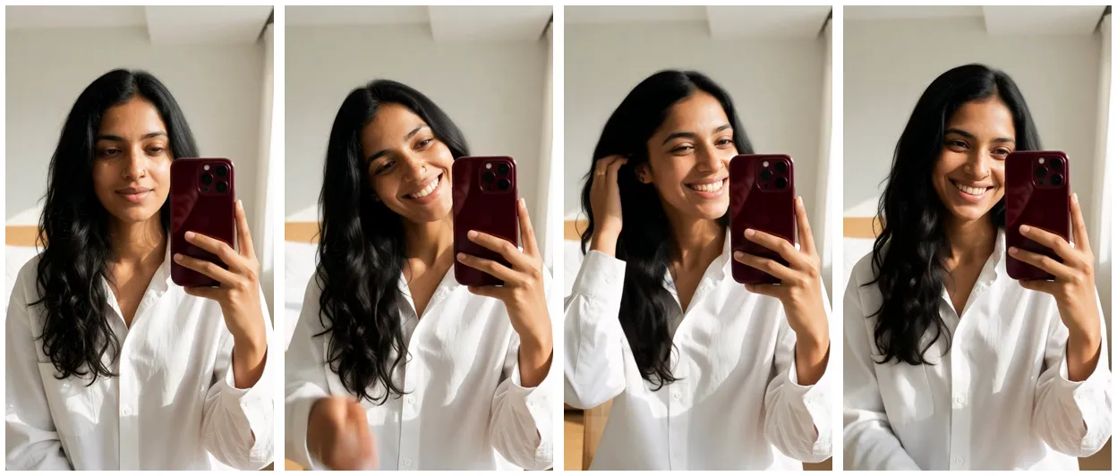 Four frames from a Wan 2.2 clip of AI character Aanya taking a mirror selfie with a burgundy phone, smiling and touching her hair